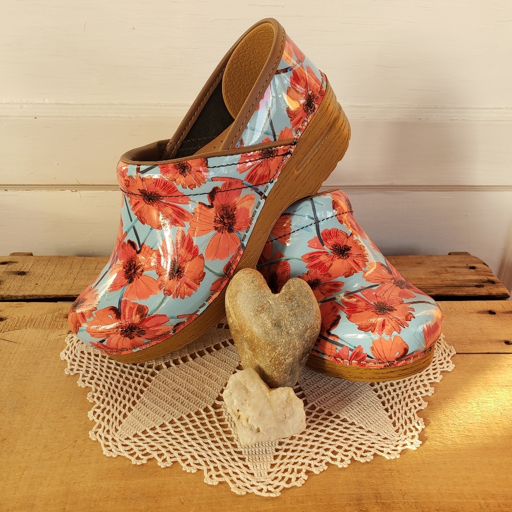 NEW*Poppies Dansko Pro Honey Clog Floral Blue Orange Patent Leather Cottage Boho - Picture 5 of 11